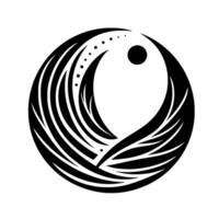 Abstract Black and White Circular featuring Featherlike Elements, Dotted Line, and a Central Dot, against a White Background, Symbolic. vector