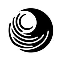 A striking minimalist features a black and white circular composition with curved lines and a crescent, evoking a sense of movement and balance. vector