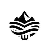 Black and white minimalist featuring a mountain range above stylized water waves with a subtle, abstract Ushaped symbol. vector