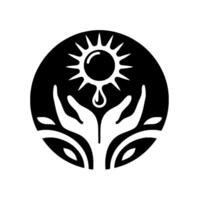 Symbolic black and white illustration of hands cupping sunlight and a water droplet, within a circular design. vector
