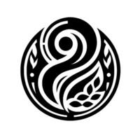 A stylized, symmetrical emblem featuring swirling black shapes within a circle, incorporating leaf and spiral motifs, set against a white background, evoking balance and harmony. vector