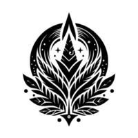A symmetrical, stylized black and white illustration featuring celestial elements, botanical flourishes, and geometric shapes, suggesting a fusion of nature and cosmos. vector