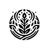A minimalist, symmetrical black and white circular featuring a stylized plant with leaves and dots, encased by curved lines. vector