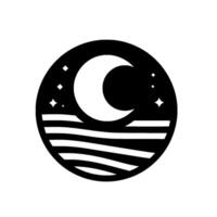 A stylized black and white circular depicting a crescent moon, stars, and ocean waves inside a circle, suggesting a tranquil night scene. vector