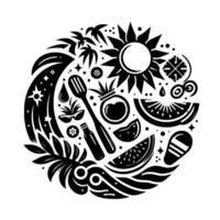 A monochromatic, circular illustration of summer elements watermelon slices, sun, beach sandals, palm trees, fork, and other stylized icons. vector