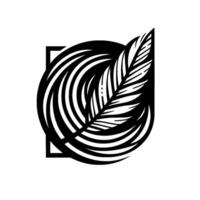 Monochromatic Geometric Composition Stylized Black Palm Leaf Overlapping a Circular Pattern within a Rectangular Frame, Isolated on White. vector
