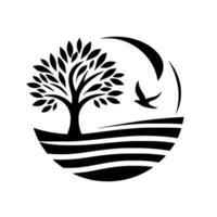 Black and White Emblem A stylized tree next to field in a circle with bird, showcasing nature and circular composition with a flat aesthetic. vector