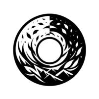 Symmetrical black and white circular featuring a central circle, organic forms, mountains, and abstract leaves, reflecting duality. vector