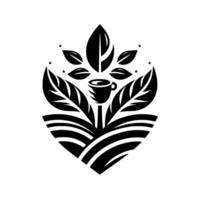Elegant Black and White Coffee Logo A stylized cup of coffee blooming from leaflike elements with fieldlike base, symbolic of growth and nature. vector