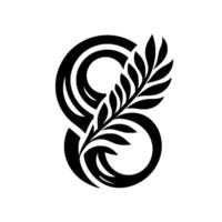 A striking, minimalist black and white artwork featuring an abstract, curvilinear intertwined with a detailed stylized leaf motif, set against a clean white backdrop. vector