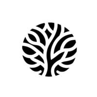 A illustration of a stylized tree composed of black lines and negative space, enclosed in a perfect circle against a stark white background. vector