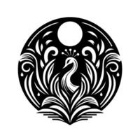 Elegant Monochrome Swan Silhouette within a Circular Design, Surrounded by Stylized Floral Elements, Against a White Background. vector