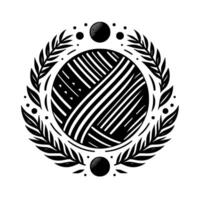 A stylized black and white emblem featuring a central sphere with patterned lines, encircled by a laurel wreath and accented with small spheres and dots, embodying a sense of unity and organization. vector