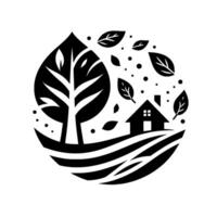 A minimalist black and white illustration of a house nestled in a landscape with a tree, falling leaves, and stylized farmland, encapsulated within a circular frame, representing a serene natural sett vector