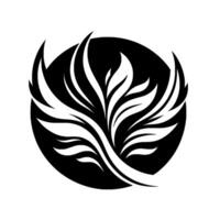 A stylized, symmetrical emblem of botanical design. White leaves and flourishes extend from the center within a black circle, presenting a modern, organic aesthetic. vector