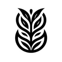 Stylized Black and White Floral Motif in Abstract Arrangement, resembling an owl with leaves and a minimalist on a white backdrop. vector