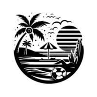 Stylized Beach Scene A minimalist black and white featuring palm trees, umbrella, sun, birds, surfboard, and a lifebuoy, set within a circular frame. vector
