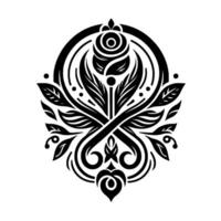Elegant Black and White Botanical Emblem featuring a stylized rose, leaves, and swirling flourishes within an oval frame, showcasing symmetry and intricate details. vector