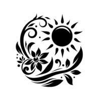 Monochromatic floral and sun motif within a circular design, featuring leaves, petals, and swirling branches, set against a clean white background. vector
