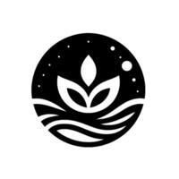 Minimalist Black and White Circular Design Serene Scene with a Plant Motif Floating Above Water, Under a Starry Sky. vector