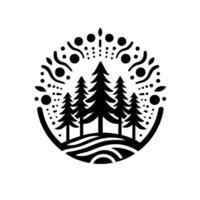 Monochrome forest scene with fir trees on a stylized landscape enclosed within a decorative circular border with dots and swirling patterns. vector