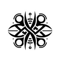 Symmetrical, black and white geometric design, composed of stylized shapes with curves, circles, and interconnected lines evoking a sense of balance and harmony. vector