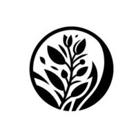 Elegant black and white minimalist featuring a stylized floral arrangement, enclosed within a circular frame, representing growth. vector