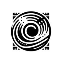 A minimalist black and white graphic, featuring a stylized swirling vortex within a square frame, accented with dots and simple lines, evokes movement. vector