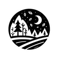 A stylized circular illustration of a forest scene at night, featuring mountains, trees, crescent moon, and falling leaves in black and white. vector
