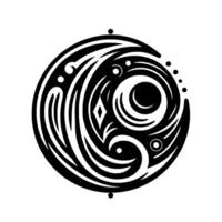 Intricate black and white circular tribal tattoo design, swirling lines, geometric elements, on a white background, evoking balance and harmony. vector
