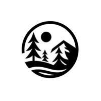 A minimalist, black and white circular emblem depicting a stylized mountain landscape with pine trees, a sun, and flowing ground, evoking natures serenity. vector