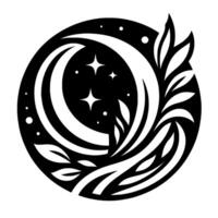 A stylized black and white circular emblem featuring a crescent moon with stars, interspersed with organic, leafy, and swirling elements, set against a contrasting white background. vector