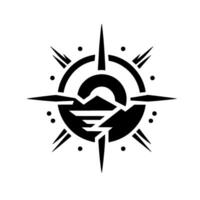 Abstract black and white design, resembling a compass with fragmented elements, a central mountain shape, and dot accents, creating a modern, minimalist aesthetic. vector