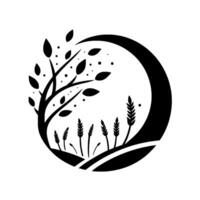 Symbolic monochromatic artwork featuring stylized tree and wheat within a circular frame, set against a stark white backdrop, emphasizing natures simplicity. vector