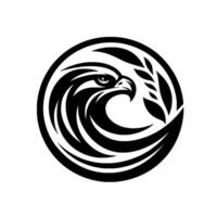 Black and white stylized eagle head logo, encircled by curved lines and leaves, symbolizing power and nature, creating a dynamic, artistic circular emblem. vector