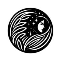 A stylized black and white emblem featuring a womans profile in a lunar shape, surrounded by stylized foliage, stars, and a celestial aura within a circular frame. vector