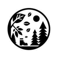 A minimalist circular emblem featuring a hiking boot, leaves, trees, and a sun, rendered in stark black and white. vector