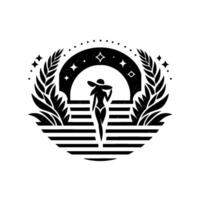 Elegant silhouette of a woman in a sunhat, ascending striped steps towards a starry archway framed by laurel leaves, a minimalist and stylish design. vector