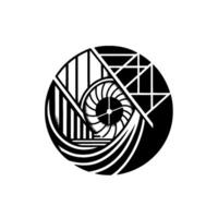 A geometric, monochromatic of a circular composition featuring an eyelike spiral element at its center, intersected by architectural and abstract shapes. vector