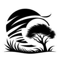 Silhouette of an acacia tree with stylized sun and savanna grass, rendered in stark black and white, creating a minimalist and evocative composition. vector