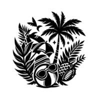 Stylized beach scene, featuring a beach ball with sunglasses, palm trees, pineapple, umbrella, and tropical foliage arranged within a circular composition, all rendered in bold black and white, creati vector