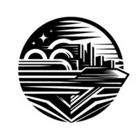 Stylized city skyline with a starry night sky, presented within a circular frame, showcasing an Art Deco, blackandwhite design. vector