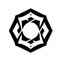 A symmetrical, geometric, black and white of an octagonal shape with a central circle, interweaving elements, and a minimalist aesthetic. vector