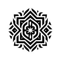 Intricate geometric black and white featuring a central star motif with layered shapes and symmetrical patterns within a circular composition. vector