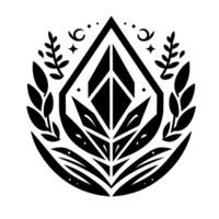 Black and White Geometric Floral with Central Drop Shape, Flanked by Branches and Celestial Elements. vector