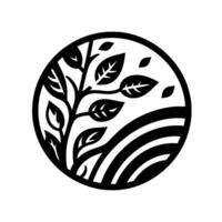 Minimalist Circular Design Black and white silhouetted tree with leaves and implied rolling hills, contained within a simple frame. vector