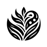 Abstract black and white floral with stylized leaves and a rounded, curved element, suggesting growth and harmony. vector