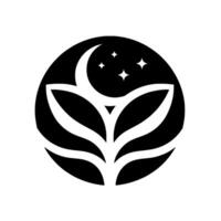 A stylized black and white featuring a crescent moon, stars, and a floralleafy element enclosed within a circular frame. vector