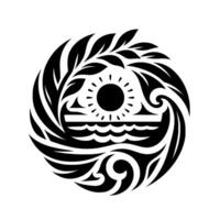 Stylized black and white Polynesianinspired emblem featuring a sun, waves, foliage, and swirling patterns within a circular frame, evoking nature and harmony. vector