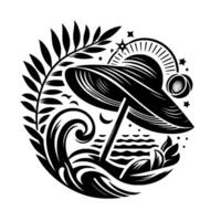 A Stylized Beach Scene in Black and White Sun Hat, Waves, Foliage, and Celestial Elements in a Circular Composition, Representing Summer. vector